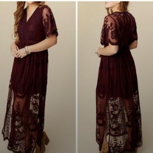 Alter'd State Burgundy Lace Long Dress with sleeve Large cocktail